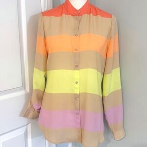 Lord & Taylor Multi Color Stripe Button Front Blouse Latte Neon NEW Classic Sz S